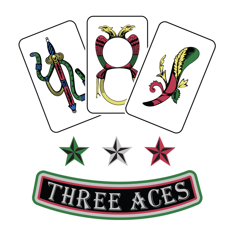 The Three Aces inside neck label: three cards, three stars and the name