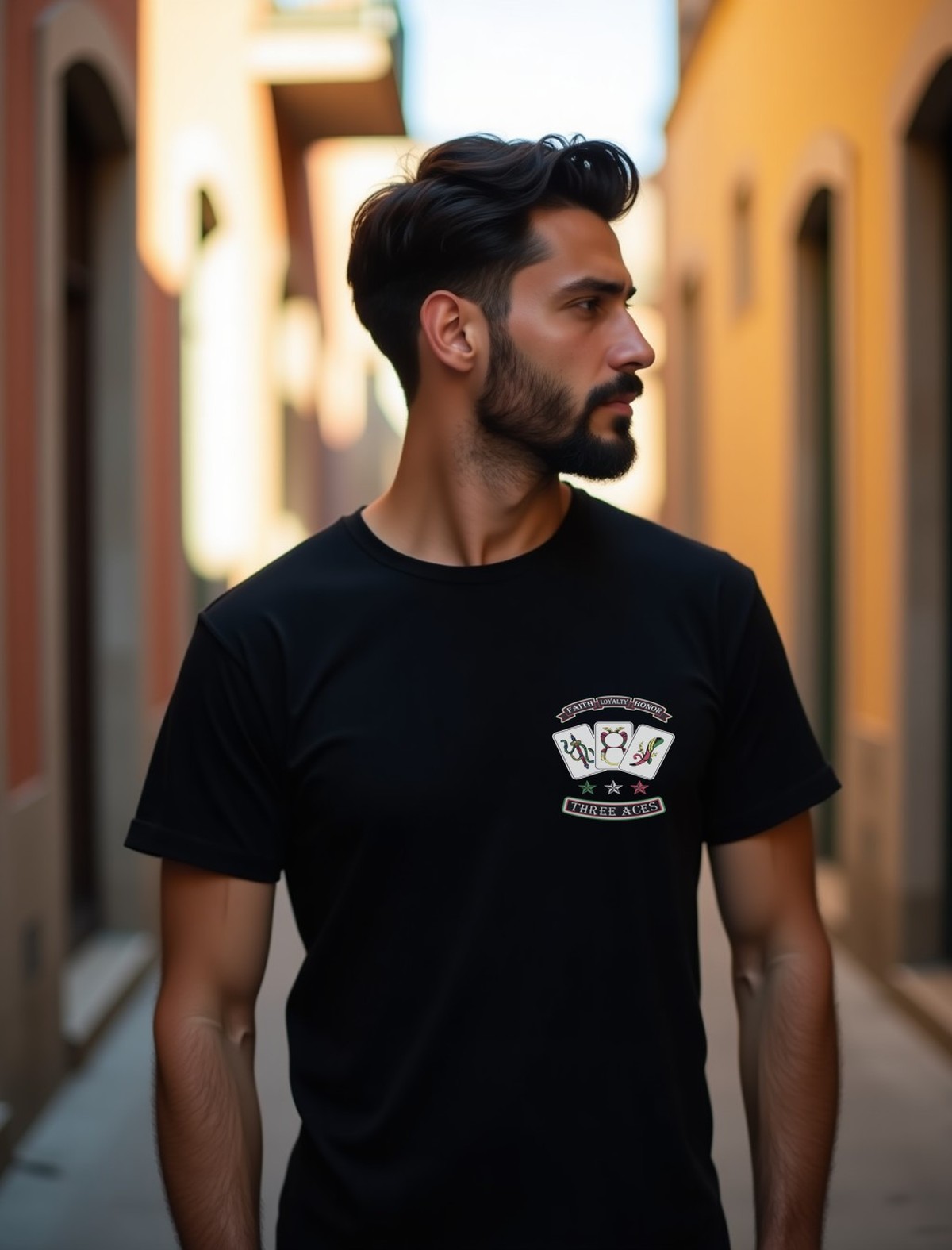 Three Aces heavyweight tee in black with the emblem printed on the chest