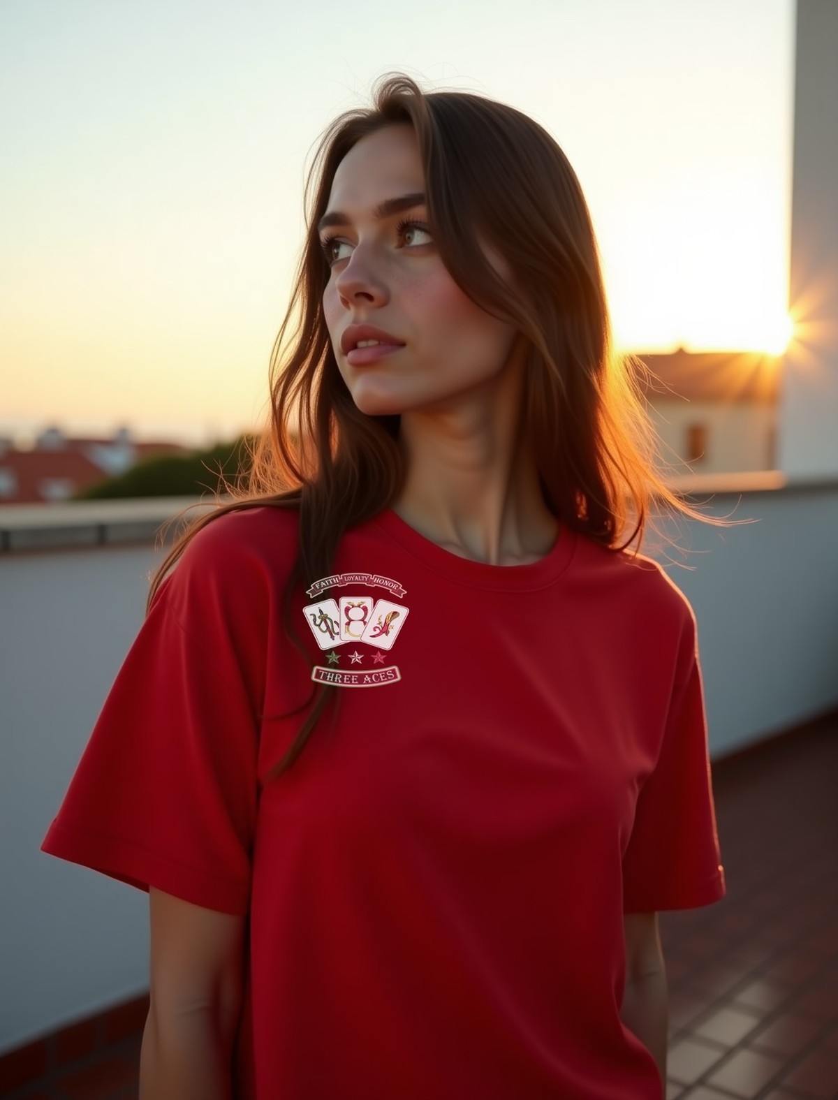 Aces tee in red, worn
