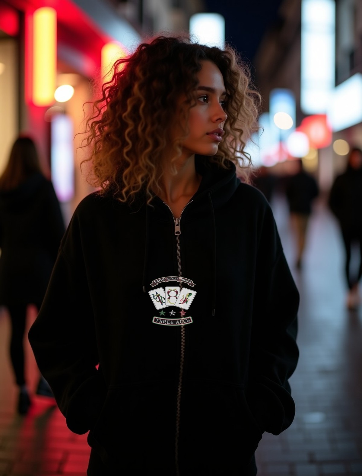 Aces full-zip hoodie, worn at night